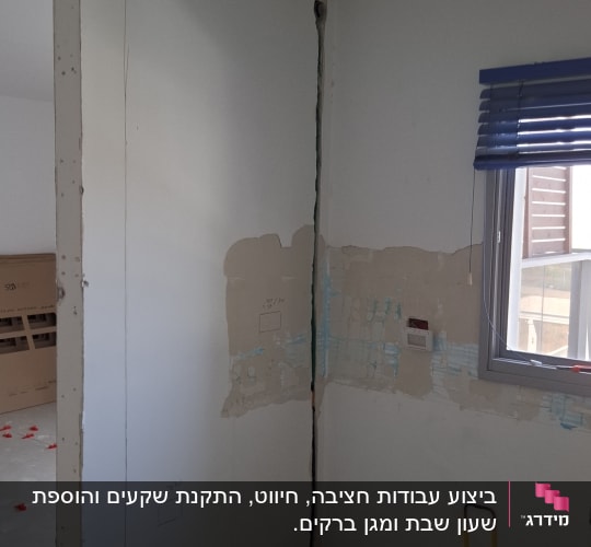 חדר בבנייה עם קירות חשופים וכלי עבודה